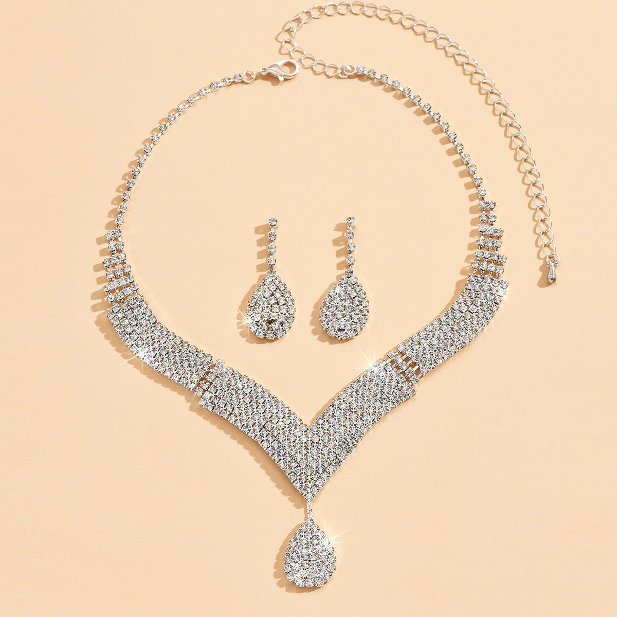 Sparkling V-Neck Necklace & Teardrop Earrings Set